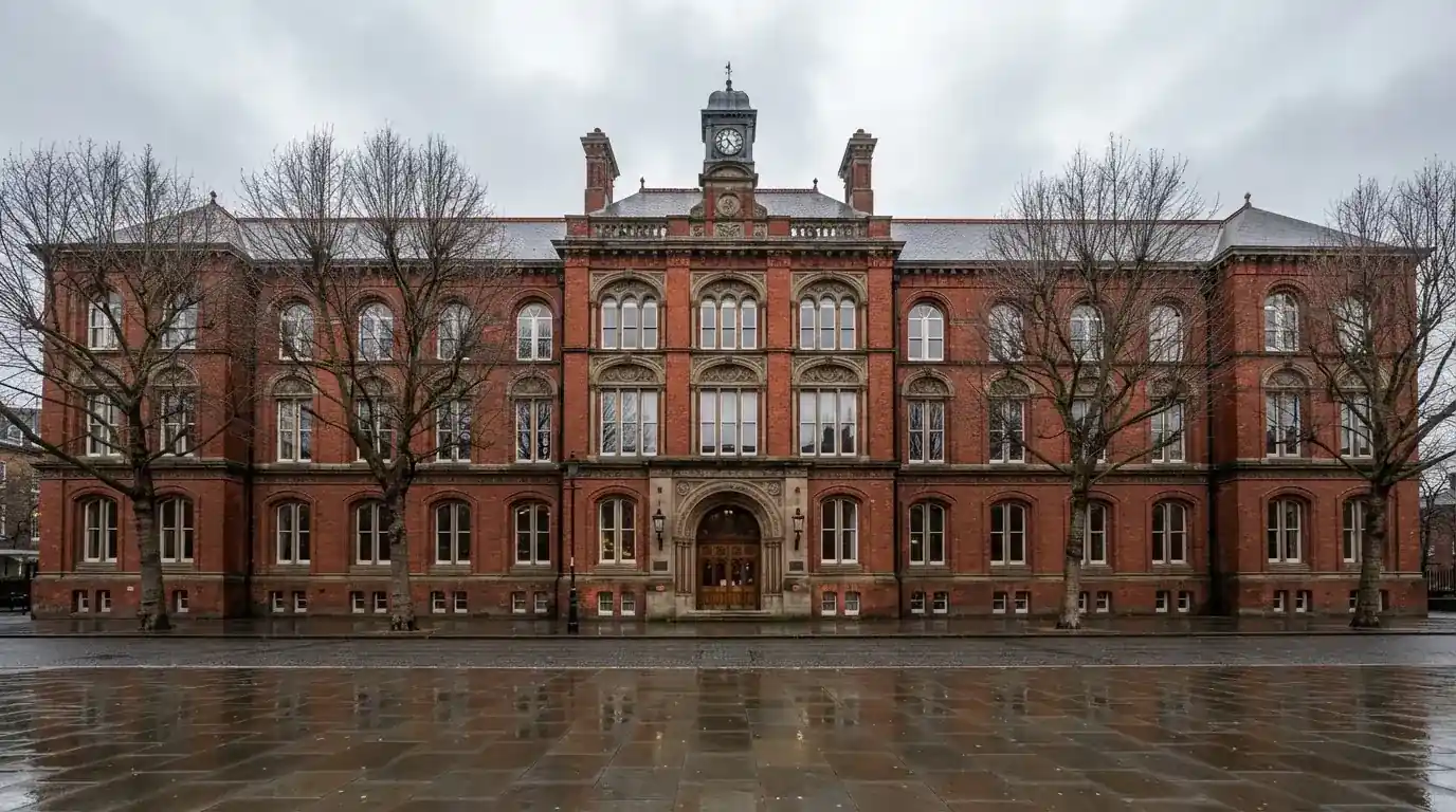 Facade af en gammel administrationsbygning i røde mursten med høje vinduer under skyet himmel, uden personer.
